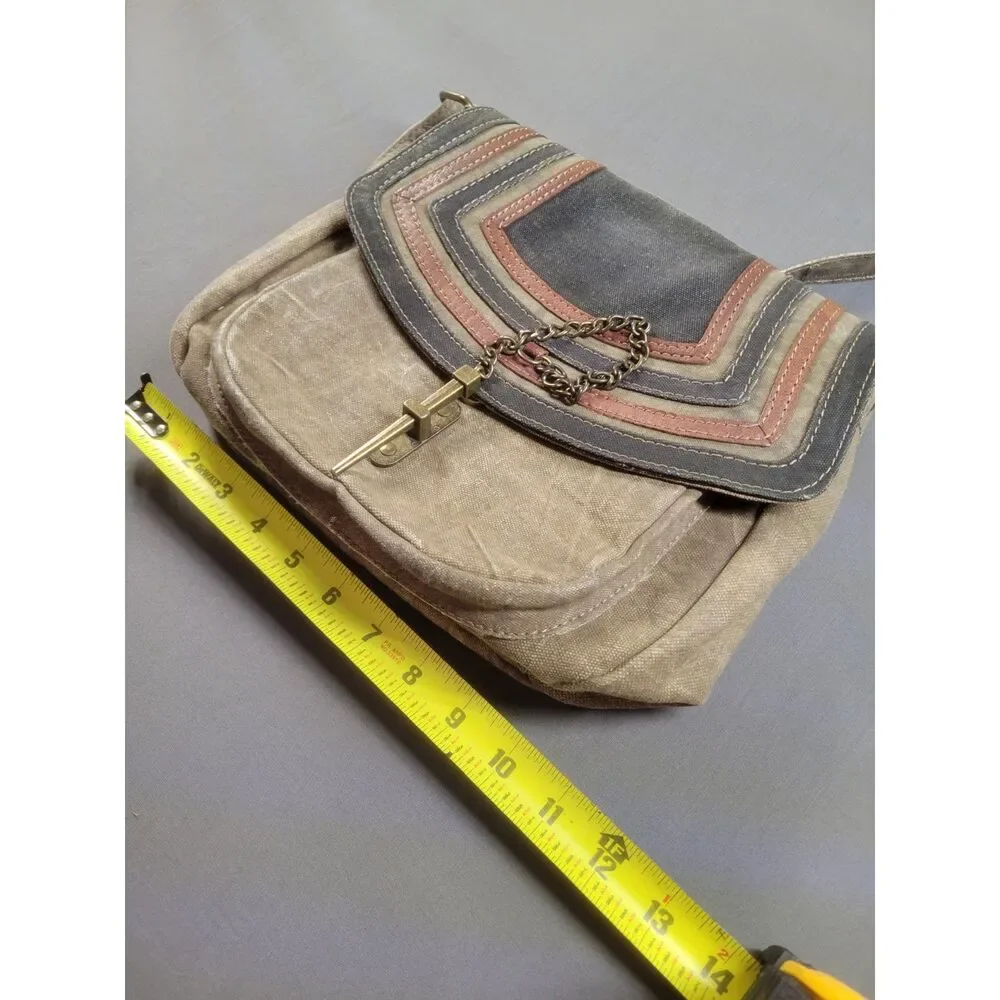 Mona B Recycled Upcycled Canvas Key Lock Flap Crossbody Bag Tan Boho